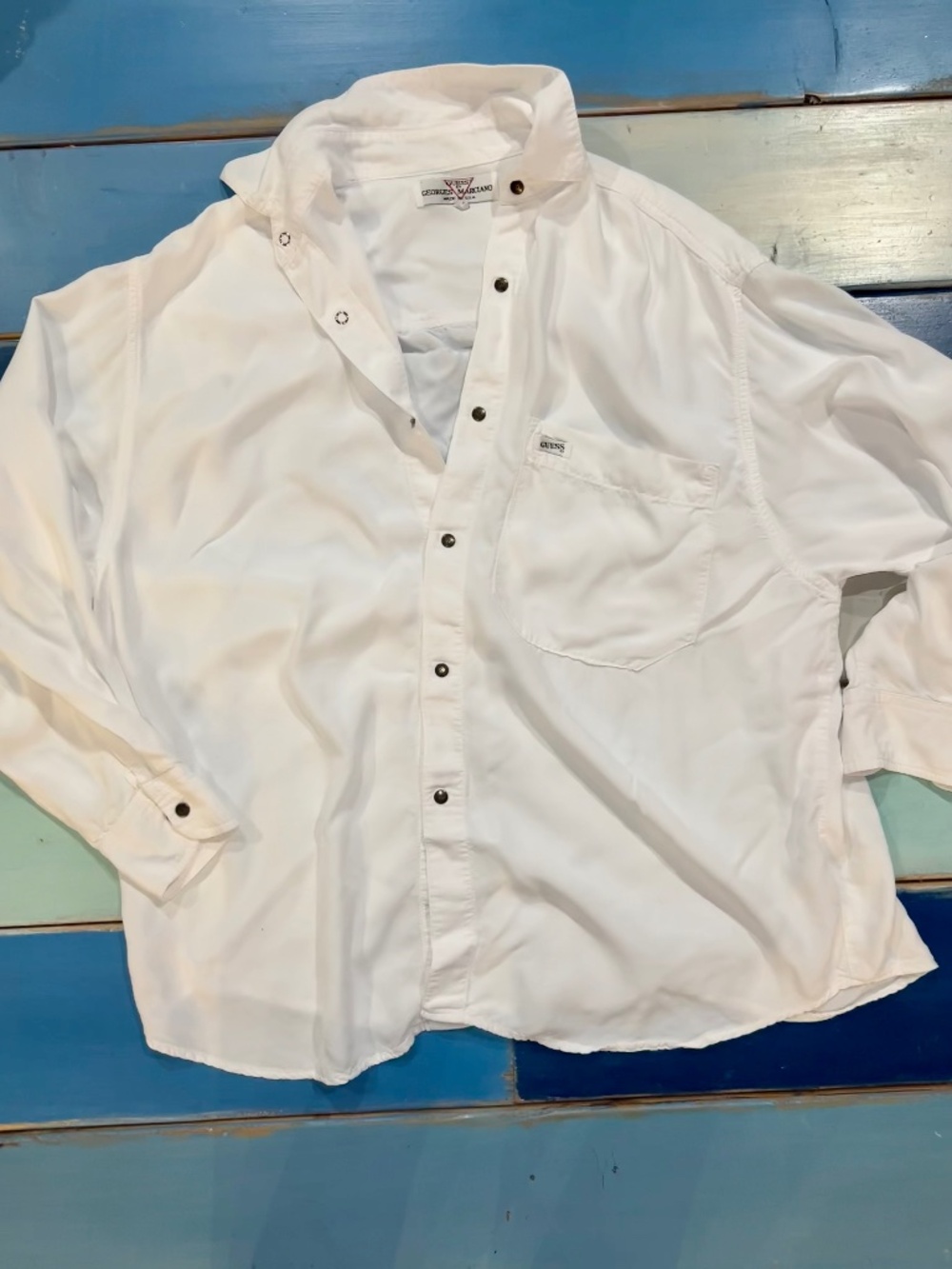 Vintage GUESS Georges Marciano White Rayon Snap Button Shirt Made USA S